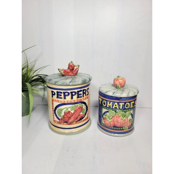 2 Vintage Vegetable Canisters Peppers Tomatoes Ceramic - Picture 1 of 7